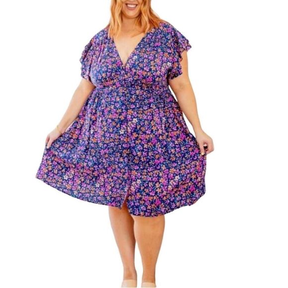 Proud Poppy Alexis Dress Pink Floral Button Front Flutter Sleeves Size XL - Picture 2 of 10